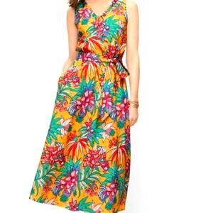 TALBOTS Women 4 100% cotton Midi Tank Dress Yellow Floral Tropical Parrot Island